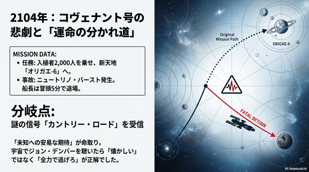 2104年のミッションデータ。入植者2,000人を乗せたオリガエ-6への航路と、ニュートリノ・バーストによる事故、そして「カントリー・ロード」受信という運命の分岐点が示されています