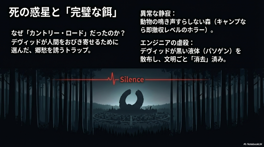 郷愁を誘うトラップとしての「カントリー・ロード」と、動物の鳴き声すらしない異常な静寂、そしてデヴィッドによるエンジニア虐殺(パソゲン散布)についての解説 。