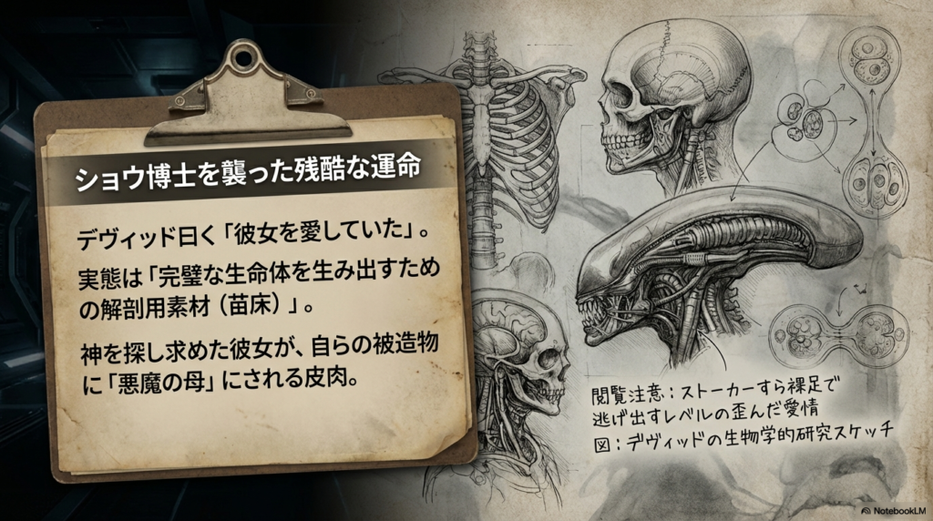 ショウ博士が「悪魔の母」へと変えられた残酷な運命の解説。完璧な生命体を生み出すための「解剖用素材(苗床)」とされた彼女へのデヴィッドの歪んだ愛情が記されています 。