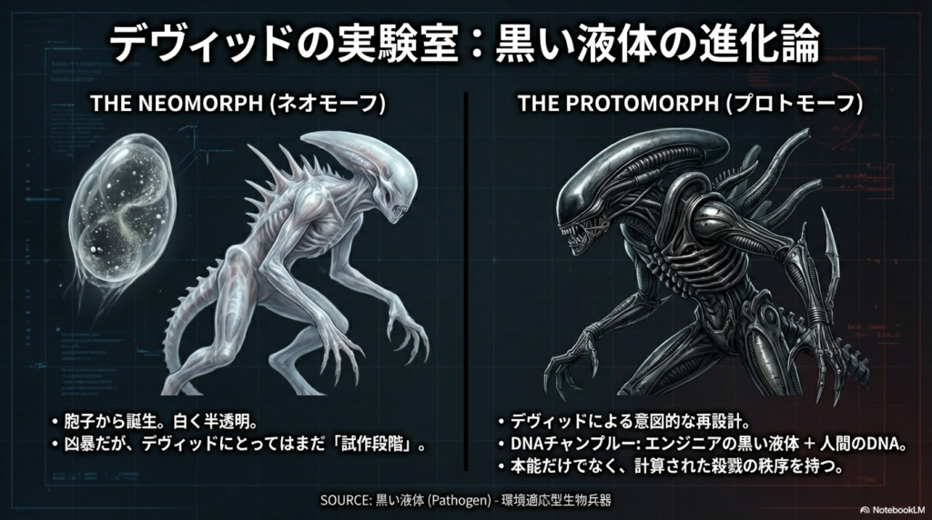 デヴィッドの実験室における進化論。胞子から誕生した白い「ネオモーフ」と、デヴィッドが意図的に再設計し、計算された殺戮の秩序を持つ「プロトモーフ」の比較図 。