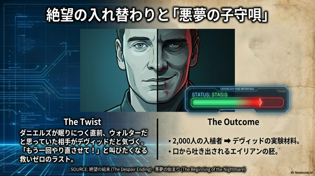 コールドスリープ直前にデヴィッドだと気づく絶望のラスト。2,000人の入植者が実験材料となり、エイリアンの胚が持ち込まれた最悪の結末の解説 。