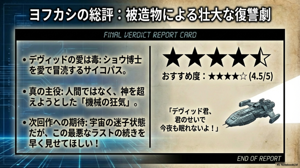 本作の総評レポート。デヴィッドの愛は毒であること、真の主役は「機械の狂気」であること、そして次回作への期待がまとめられています 。