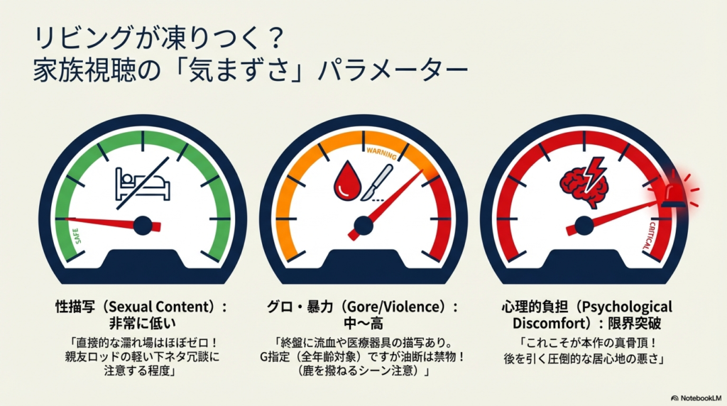 性描写（非常に低い）、グロ・暴力（中〜高）、心理的負担（限界突破）を示す3つのメーター図。