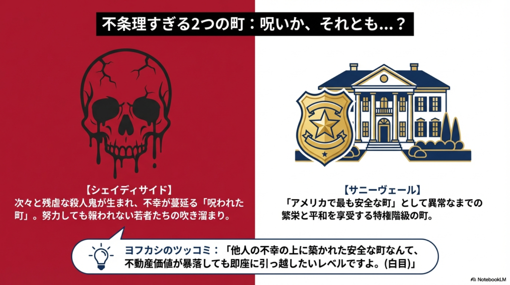 殺人鬼が生まれる呪われた町「シェイディサイド」と、異常な繁栄を誇る「サニーヴェール」を比較したイラスト。