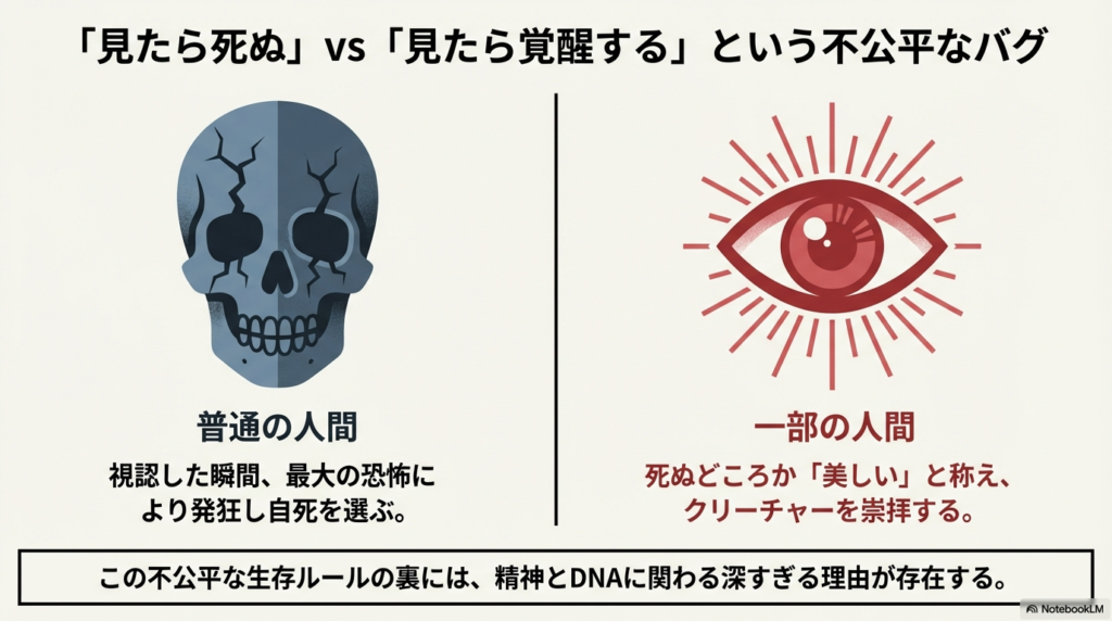 普通の人間は発狂し自死を選ぶが、一部の人間は「美しい」と崇拝するという反応の差と、その裏にある精神・DNAの関わりを説明する図 。