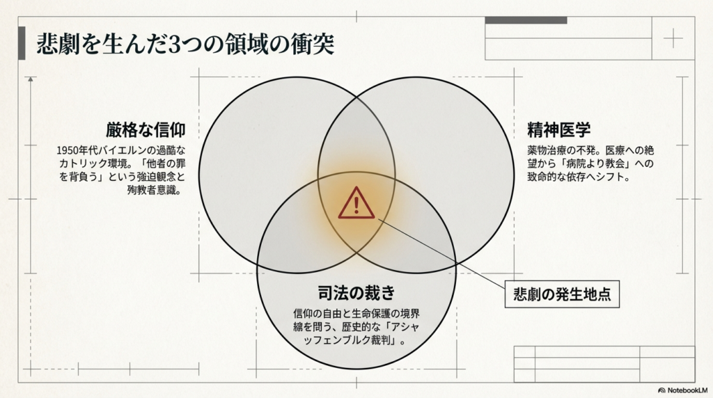 「厳格な信仰」「精神医学」「司法の裁き」の3つの要素が重なり合う地点で悲劇が発生したことを示すベン図のスライド。