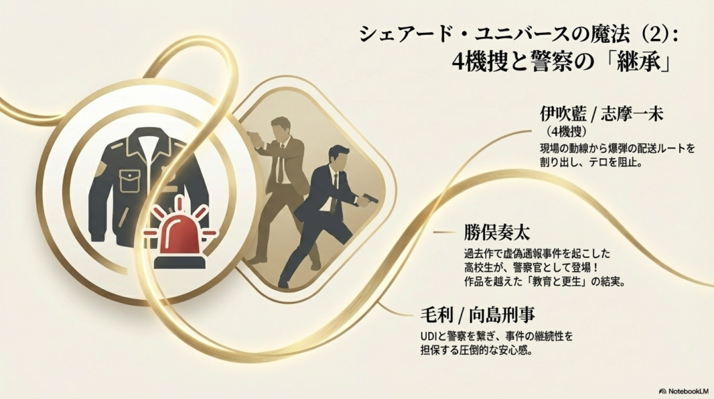 ルートを特定する伊吹・志摩、警察官となった勝俣、現場を繋ぐ毛利・向島刑事の活躍を解説。