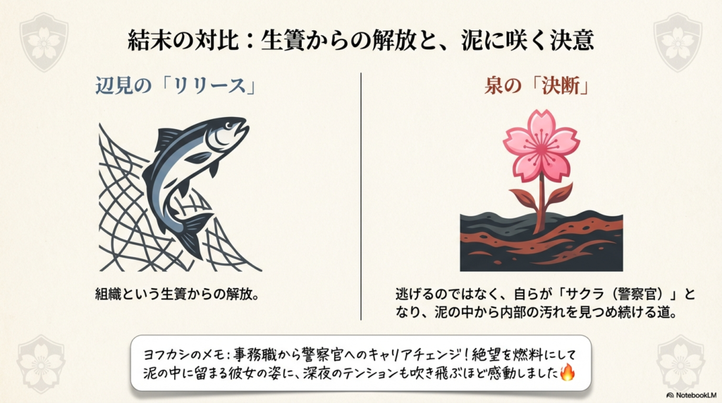 辺見の「組織からの解放」と、泉の「組織に留まり内部から見つめ続ける決断」を比較したスライド。