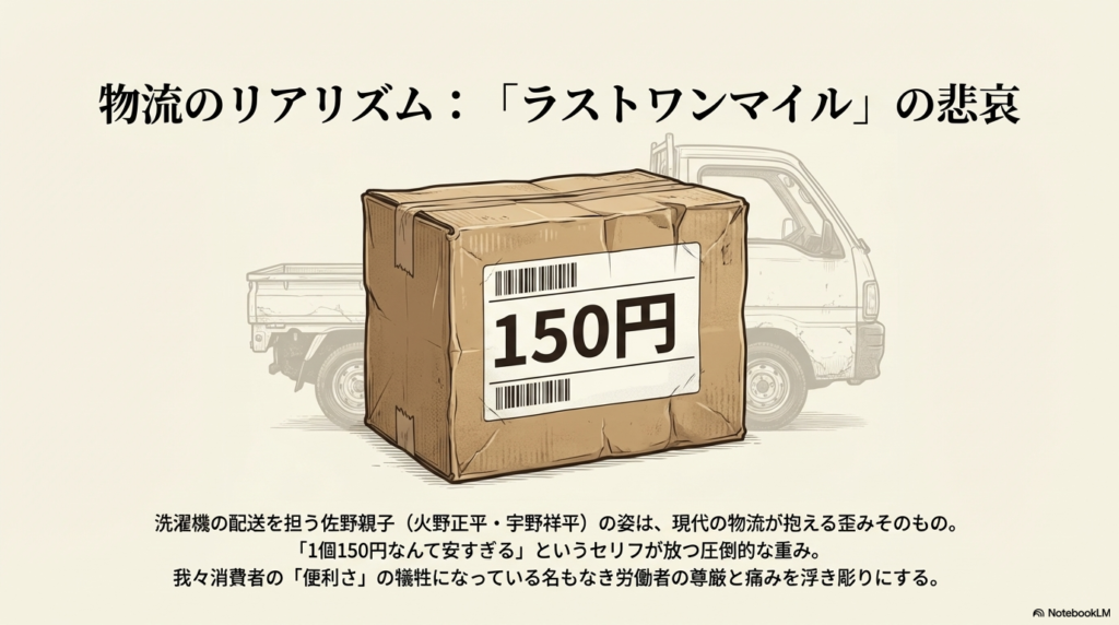 「150円」と書かれた段ボール箱のイラスト。名もなき労働者の尊厳と、消費者の便利さの犠牲になっている現実を提示。