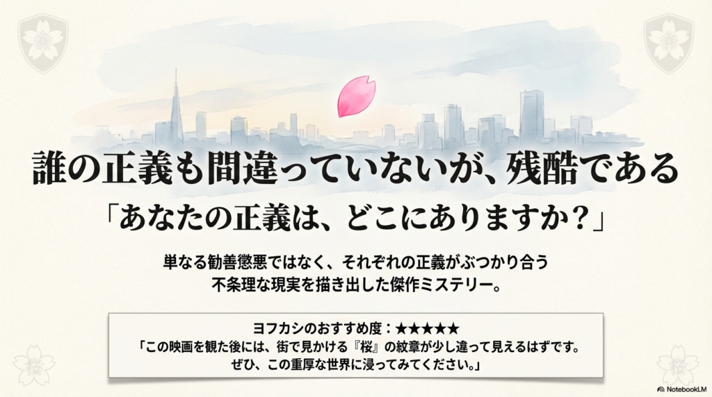 「誰の正義も間違っていないが、残酷である」という作品のテーマを総括するメッセージスライド。