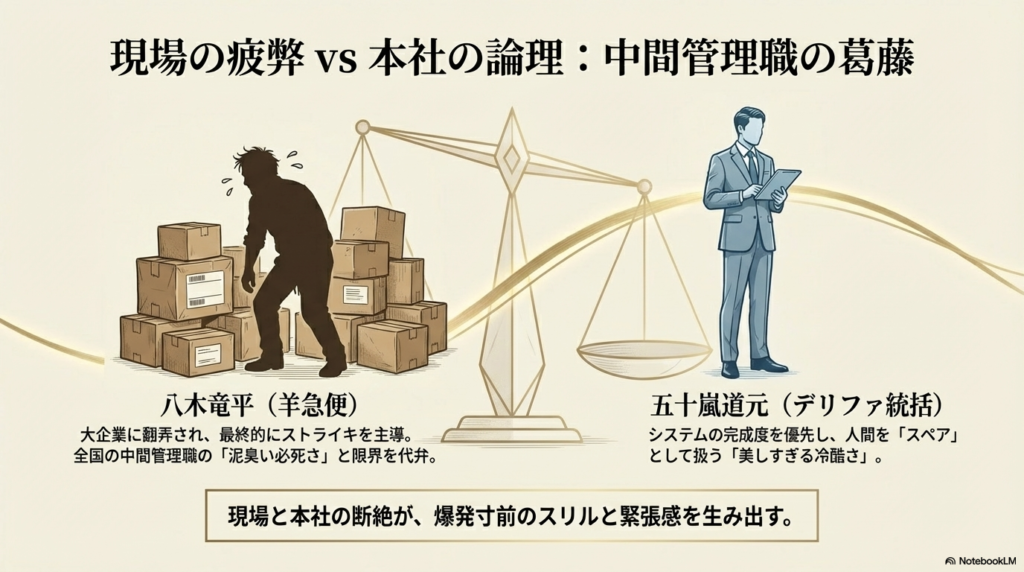 羊急便・八木の「泥臭い必死さ」と、デリファ・五十嵐の「美しすぎる冷酷さ」の対比を描いたスライド。