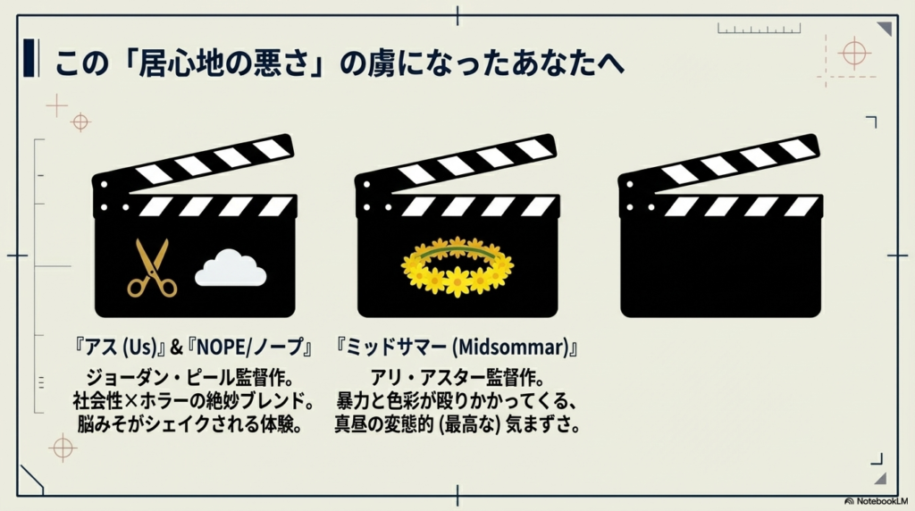 ジョーダン・ピール監督の『アス』『NOPE/ノープ』、およびアリ・アスター監督の『ミッドサマー』を紹介するスライド。