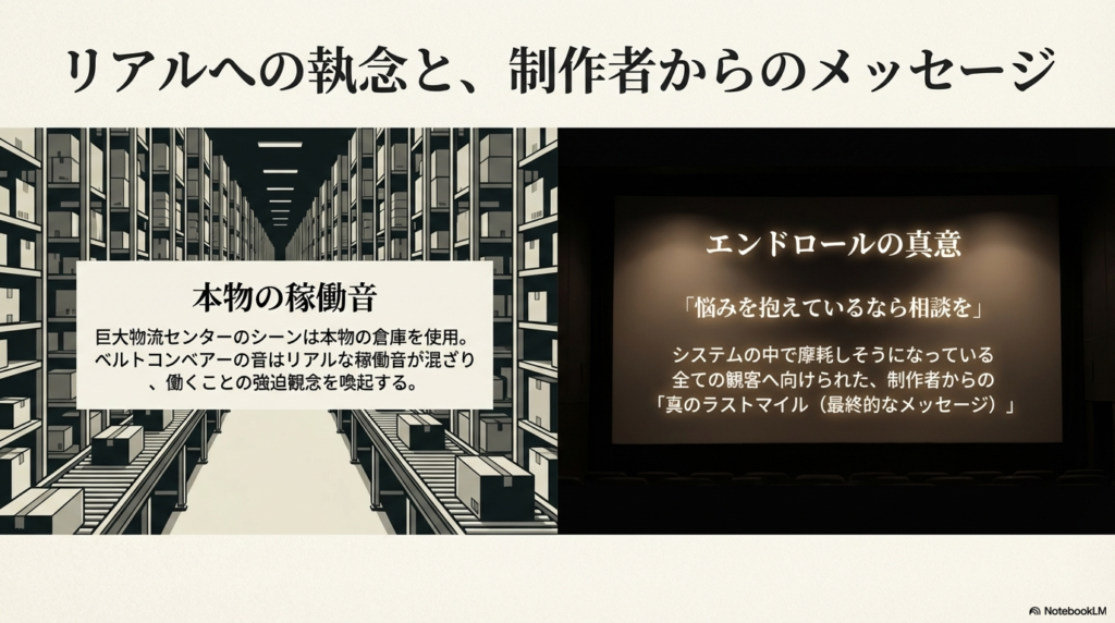本物の物流センターでの撮影と稼働音、そしてエンドロールに込められた「相談を」という真のメッセージについての解説。