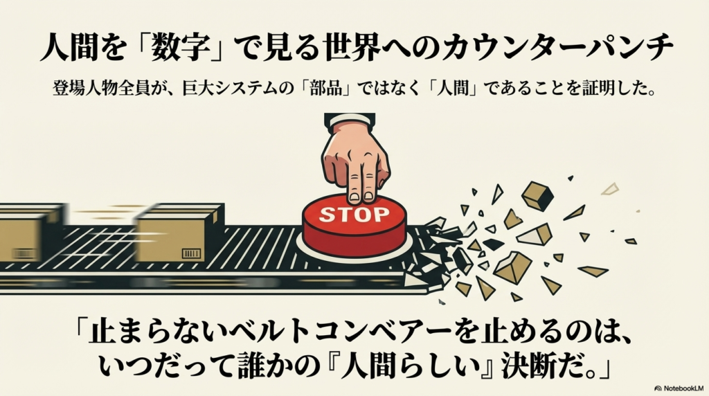 ベルトコンベアーの「STOP」ボタンを押す手のイラスト。システムの一部ではなく、人間としての決断が世界を変えることを象徴する図。