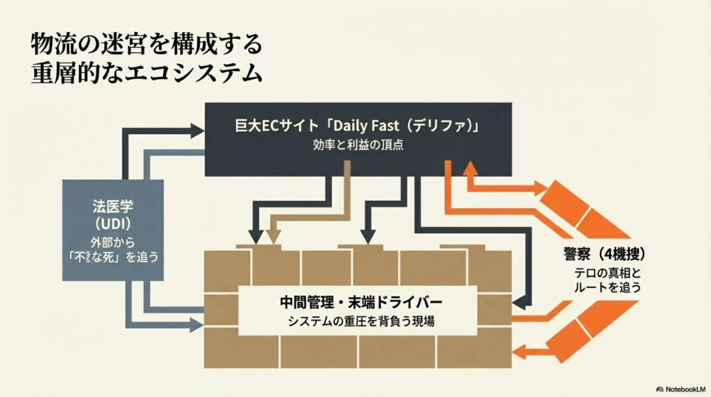 巨大ECサイト「Daily Fast (デリファ)」、法医学(UDI)、警察(4機捜)、中間管理・末端ドライバーの繋がりを示す概念図。