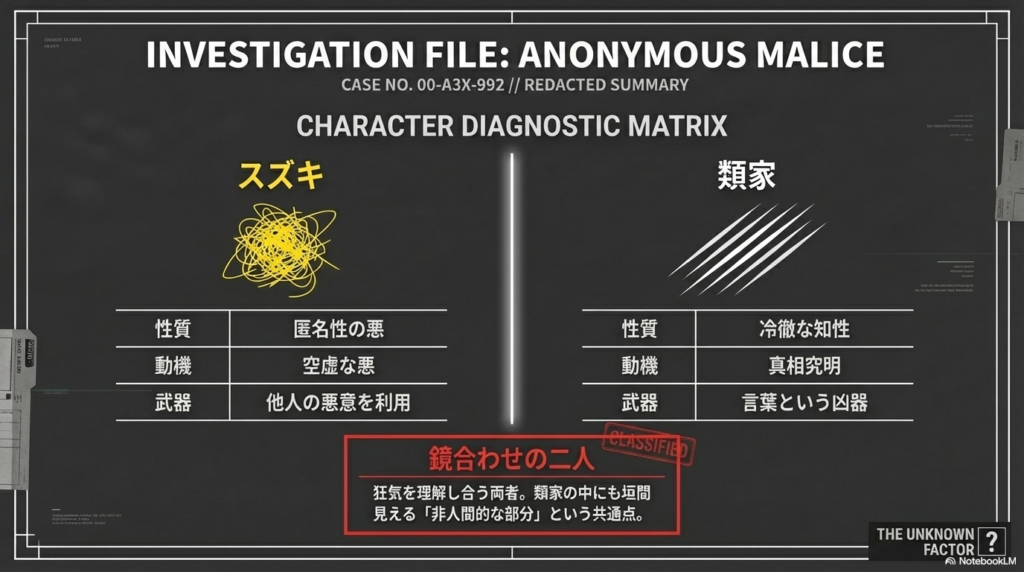 スズキの「匿名性・空虚な悪」と、類家の「冷徹・真相究明」という対照的な性質を比較した「CHARACTER DIAGNOSTIC MATRIX」スライド 。