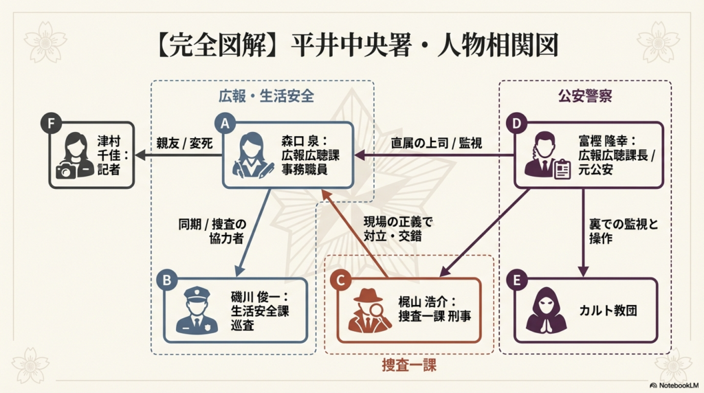 森口泉、磯川俊一、梶山浩介、富樫隆幸、津村千佳、カルト教団の関係性を示す人物相関図。