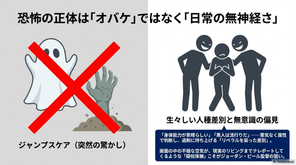幽霊やゾンビをバツ印で消し、中央で居心地悪そうにする人物を笑顔の二人が囲んでいるイラスト。「無意識の偏見」や「ジャンプスケアではない怖さ」を強調している。