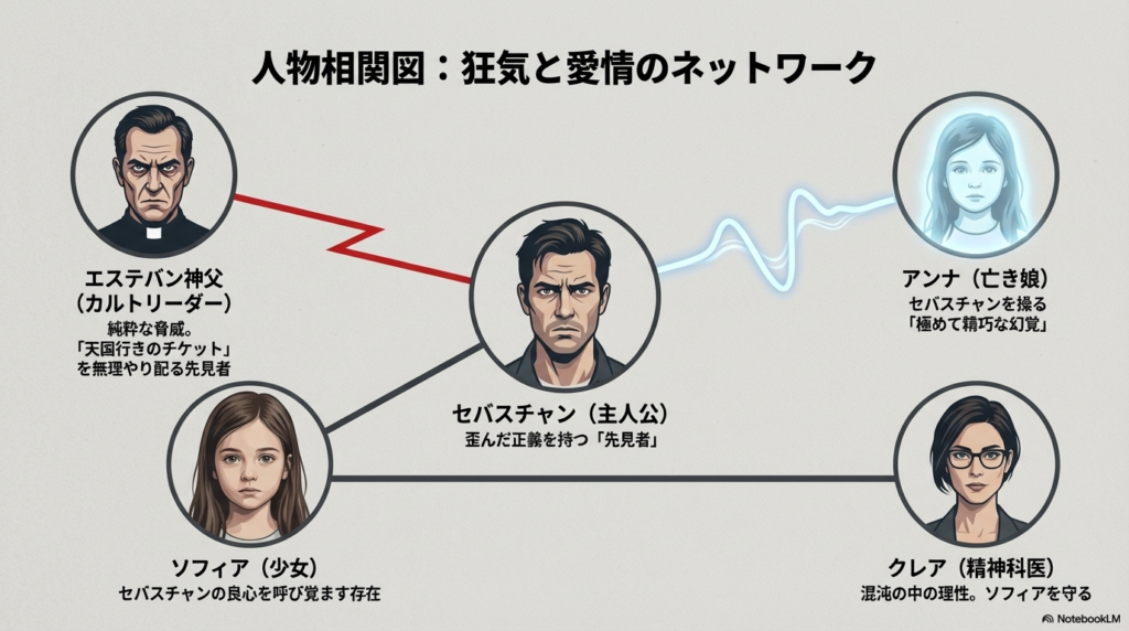 スライド3。主人公セバスチャン、亡き娘アンナ、少女ソフィア、エステバン神父、精神科医クレアの人物相関図。それぞれの役割が「先見者」や「理性」として定義されている 。
