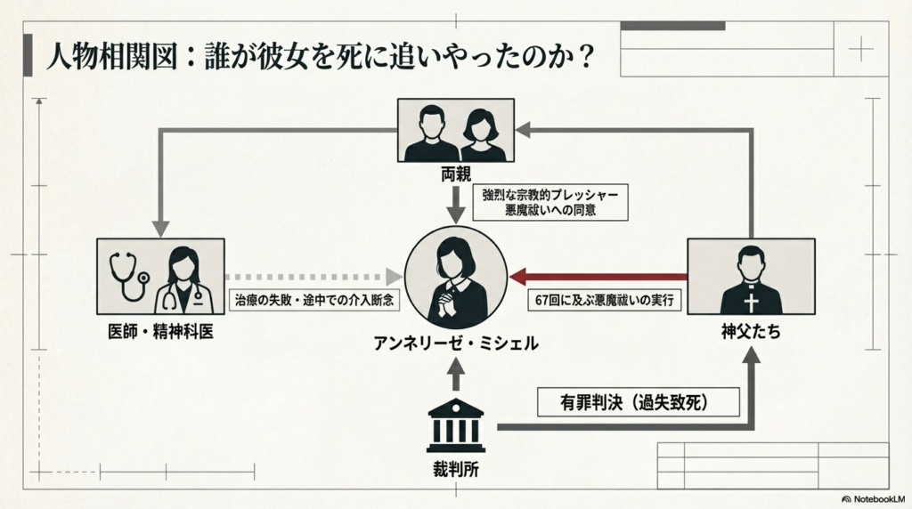 アンネリーゼ・ミシェルを中心に、強烈な宗教的プレッシャーを与えた両親、悪魔祓いを実行した神父、介入を断念した医師、そして有罪判決を下した裁判所の関係図。