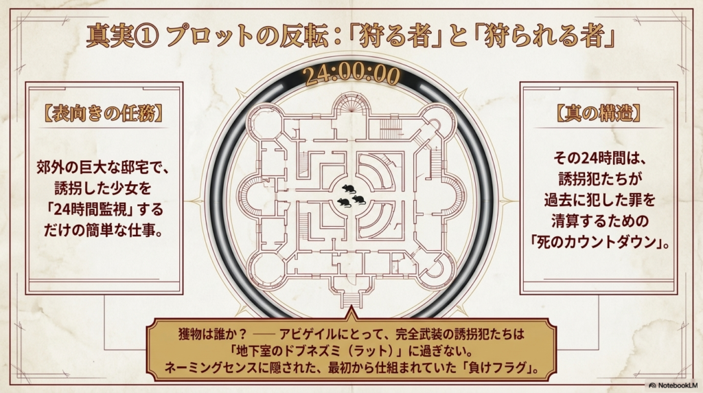 邸宅の間取り図を背景に、「24時間監視するだけの簡単な仕事」が、実は「過去の罪を清算する死のカウントダウン」へと反転する構造を説明するスライド 。