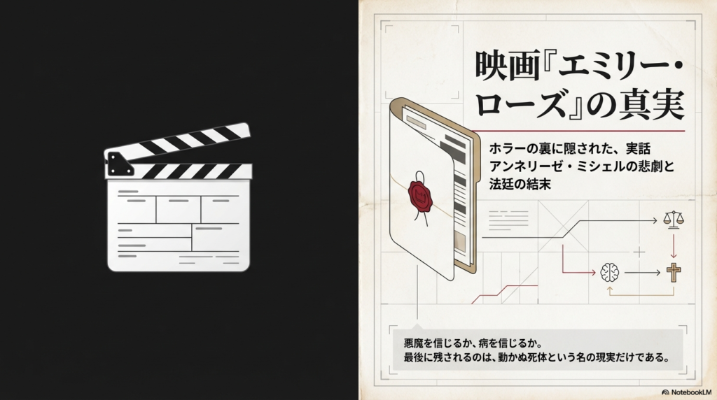 映画『エミリー・ローズ』のタイトルと、実話であるアンネリーゼ・ミシェルの悲劇、そして法廷の結末について紹介する導入スライド。