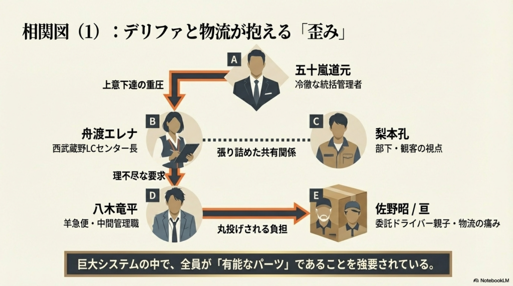 五十嵐、舟渡、梨本、八木、佐野親子の関係図。巨大システムの中で「有能なパーツ」であることを強要される歪みが描かれている。
