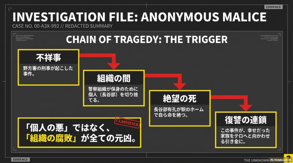 野方署の不祥事から組織の保身、長谷部の自死、そして復讐の連鎖へと至る過程を整理した「CHAIN OF TRAGEDY: THE TRIGGER」スライド 。