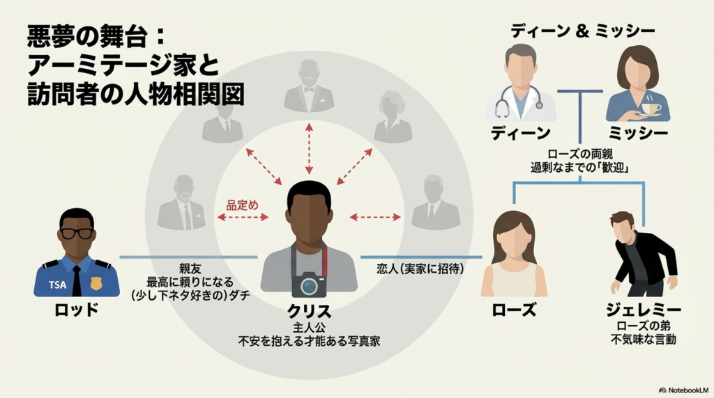 主人公クリス、恋人ローズ、その家族（ディーン、ミッシー、ジェレミー）、そして親友ロッドの相関図。