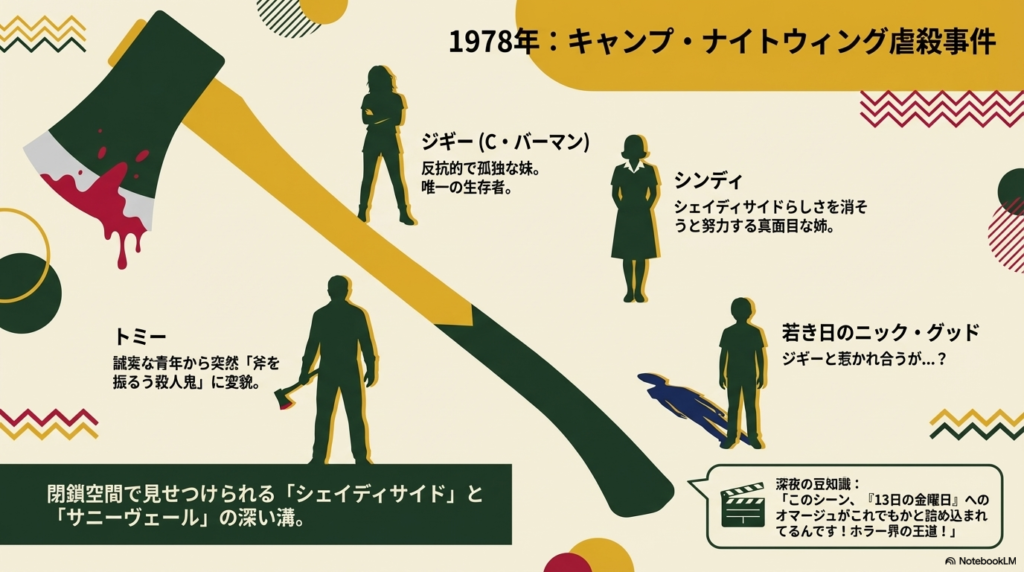 ジギーとシンディの姉妹、若き日のニック・グッド、そして殺人鬼トミーの変貌について解説したスライド。