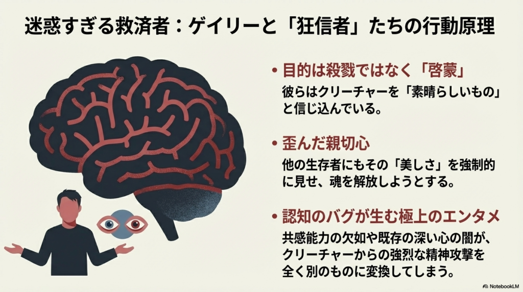 ゲイリーたちの目的が殺戮ではなく「啓蒙」であり、認知のバグによってクリーチャーを素晴らしいものと信じ込んでいる心理を解説するスライド