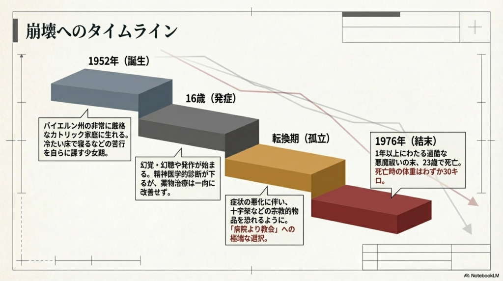 1952年の誕生から、16歳での発症、薬物治療の失敗、十字架を恐れるようになった転換期、そして1976年の最期までを辿る年表スライド。
