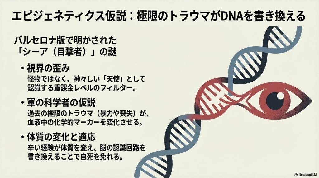 バルセロナ版の仮説。過去の極限トラウマが血液中の化学的マーカーを変化させ、脳の認識回路を書き換えて適応した「シーア」の謎を説明 。
