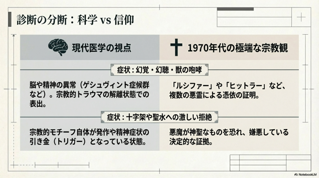 幻覚や幻聴を「脳の異常（ゲシュヴィント症候群）」とする現代医学の視点と、「憑依の証明」とする1970年代の宗教観を比較したスライド。