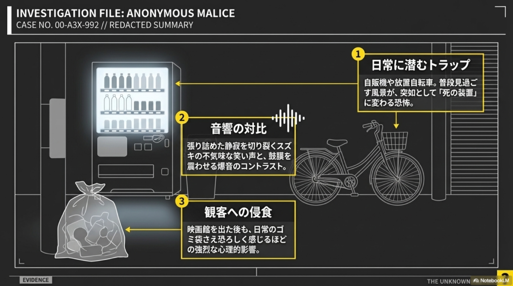 自販機や自転車が「死の装置」に変わる恐怖、スズキの笑い声と爆音のコントラスト、観客の心理を侵食するゴミ袋の描写をまとめた解説スライド 。