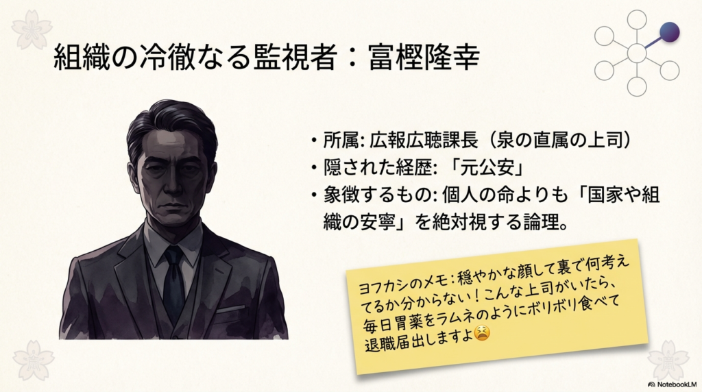 広報広聴課長であり元公安の富樫隆幸のプロフィールスライド。個人の命より組織の安寧を優先する冷徹さを解説。