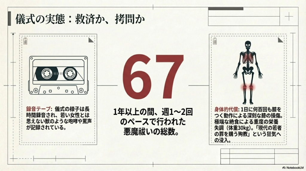 67回に及ぶ儀式の回数、咆哮や罵声が記録された録音テープ、そして1日に何百回も膝をつく自傷行為や絶食による身体的代償を記したスライド。