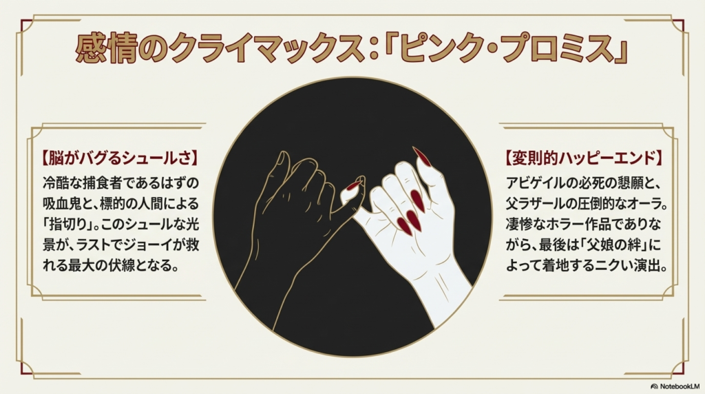 人間と吸血鬼が小指を絡める「指切り(ピンク・プロミス)」のイラスト。シュールな光景がラストの救いへと繋がる伏線であることを説明するスライド 。