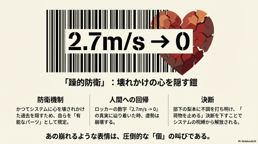「躁的防衛」という鎧を脱ぎ、ロッカーの数字の真実を経て人間へと回帰し、システムを止める決断を下すエレナのプロセスを解説。