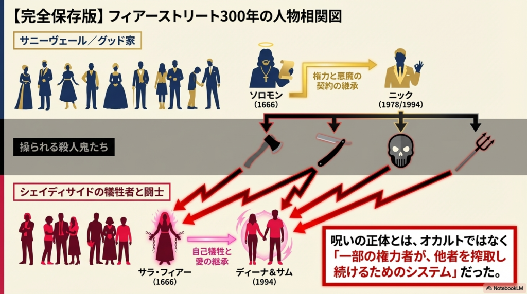 サニーヴェールのグッド家とシェイディサイドの犠牲者たちの、300年にわたる対比と継承を描いた全体相関図。