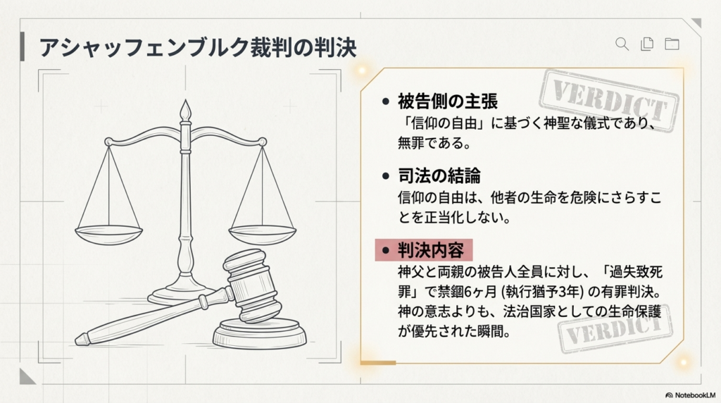 「信仰の自由は生命を危険にさらすことを正当化しない」とする司法の結論と、両親・神父全員に下された「過失致死罪」の有罪判決をまとめたスライド。