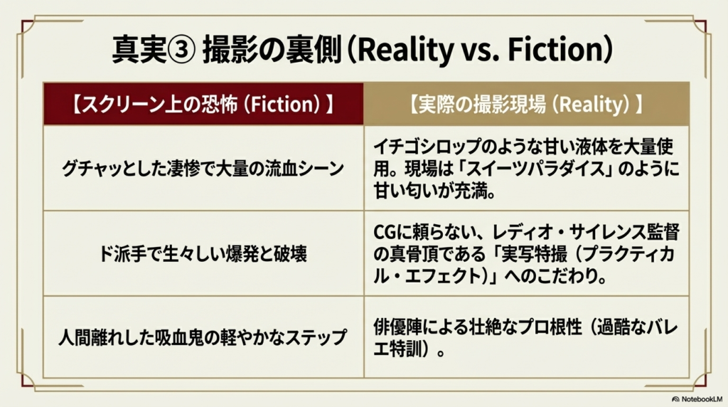 劇中の凄惨な流血シーンと、実際の撮影で使われた「甘い匂いのする液体」や「実写特撮」へのこだわりを比較表形式でまとめたスライド 。