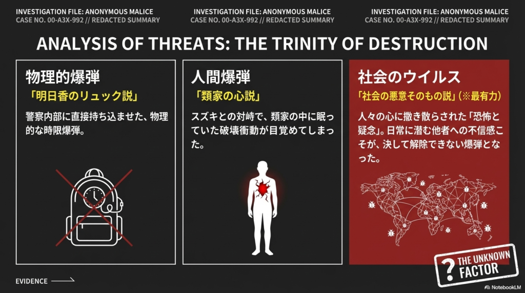 「物理的爆弾（明日香のリュック）」、「人間爆弾（類家の心）」、「社会のウイルス（悪意そのもの）」という3つの説を提示した考察スライド