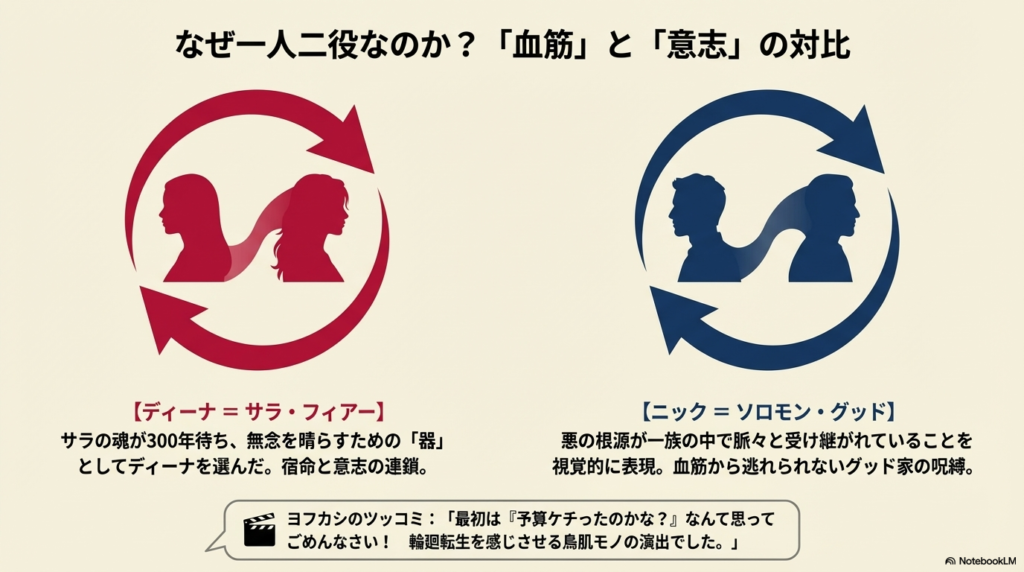 ニック＝ソロモン（悪の血筋）と、ディーナ＝サラ（宿命と意志）の繋がりを一人二役で表現している理由の解説。