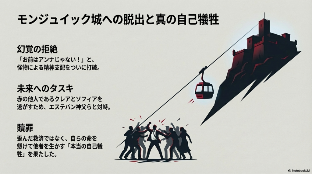 幻覚の拒絶、他者を守るための対峙、そして贖罪としての自己犠牲。セバスチャンが「本当の自己犠牲」を果たす過程のまとめ 。