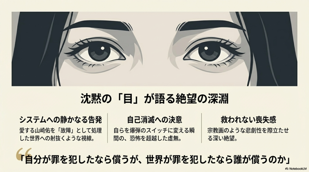 筧まりかの瞳のアップ画像。システムへの告発、自己消滅への決意、救われない喪失感がその「目」に宿っていることを解説。