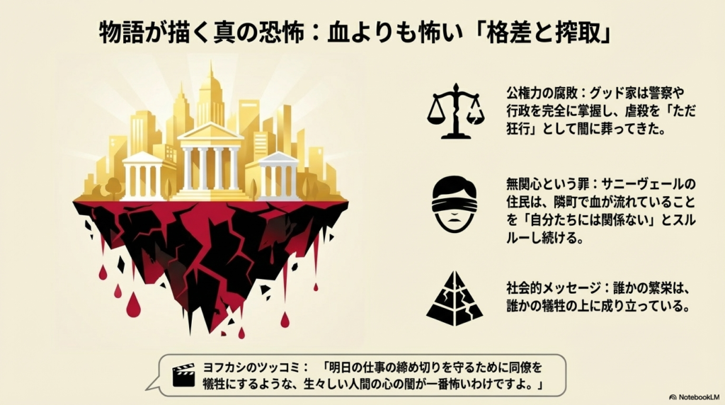 公権力の腐敗と住民の無関心が、誰かの犠牲の上に繁栄を築いているというメッセージを表現したイラスト。