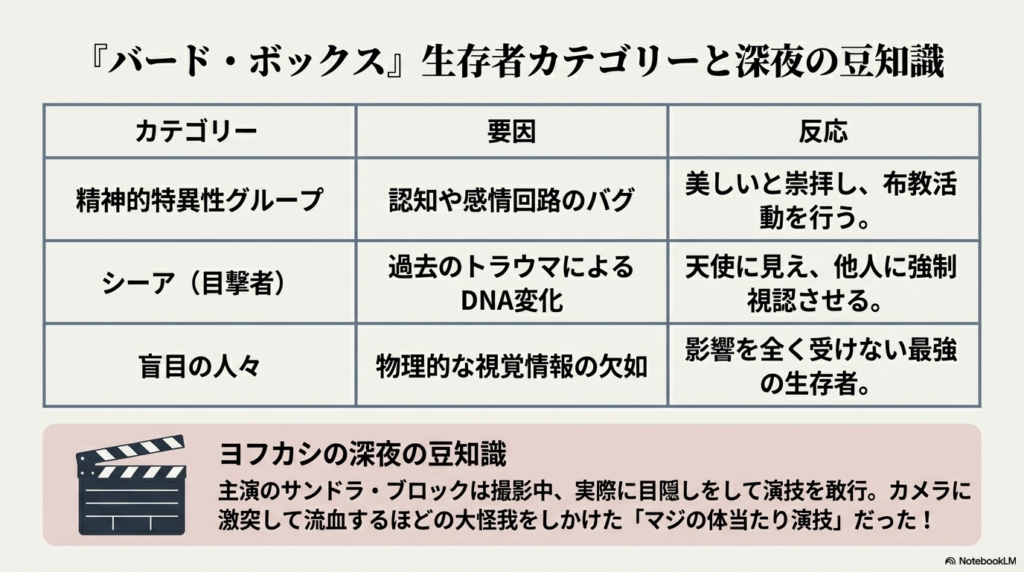 精神的特異性、シーア、盲目の人々の要因と反応をまとめた表と、サンドラ・ブロックが実際に目隠しで怪我をしたトリビアを紹介するスライド 。