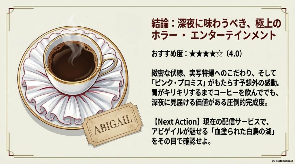 緻密な伏線と感動のラスト、星4つの高評価をまとめたスライド。「血塗られた白鳥の湖をその目で確認せよ」という次のアクションを促している 。