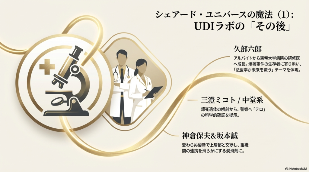 研修医となった久部、解剖でテロを証明するミコト・中堂、組織の潤滑剤となる神倉・坂本の現在を描いたスライド。